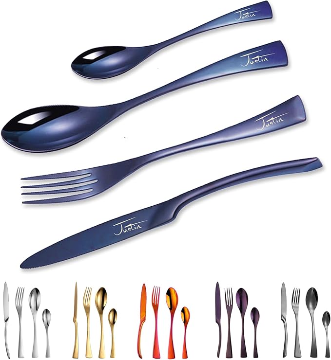 Personalized Cutlery Set (4 Pieces), 18/10 Flatware Set, 6 Colors and Multiple Fonts Available for Customized, Personalized Tableware Sets With Name, Dishwasher Safe Silverware Set