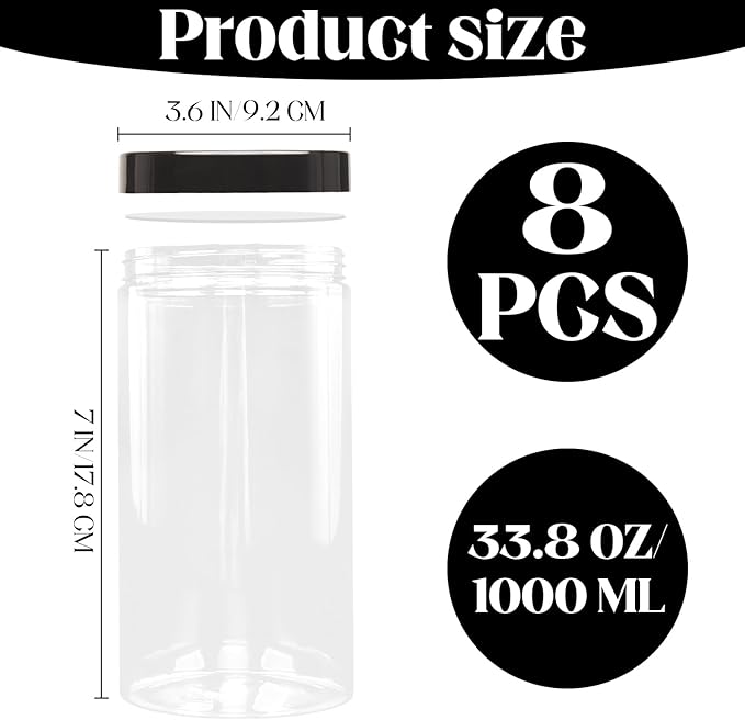 8 Pack 34oz Plastic Jars with Lids - Clear Wide Mouth Food Storage Containers for Pantry Organization, Airtight PET Canisters for Dry Goods, Spices, Slime, & Crafts - BPA Free, Leak Proof