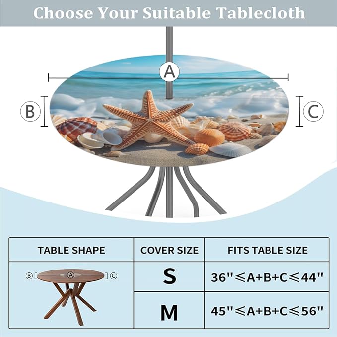 Outdoor Round Tablecloth with Umbrella Hole, Shell Starfish Fitted Table Cloth with Elastic 45"-56" Waterproof Oil-Proof Circle Patio Table Cover for Picnic Camping Party