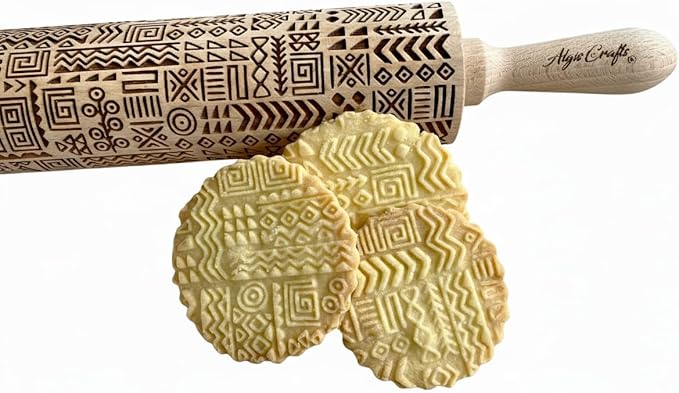 TRIBAL Embossing Rolling Pin. Laser Engraved Dough Roller for Embossed Cookies or Pottery by Algis Crafts