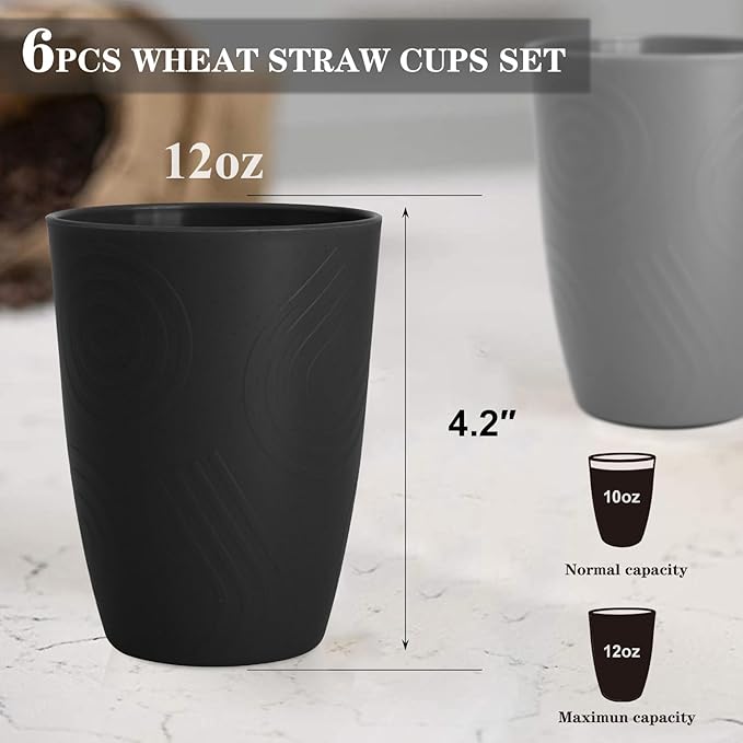 Homienly Wheat Straw Cups Drinking Glasses Set of 6, Unbreakable Plastic Cups Reusable Cups for Kitchen Camping Picnic Dorm Microwave and Dishwasher Safe Water Glasses Drinking Set 12 OZ - GreyStone