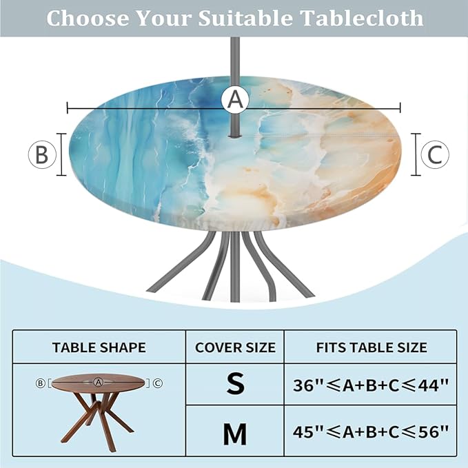 Outdoor Round Tablecloth with Umbrella Hole, Ocean Fitted Table Cloth with Elastic 45"-56" Waterproof Oil-Proof Circle Patio Table Cover for Picnic Camping Party