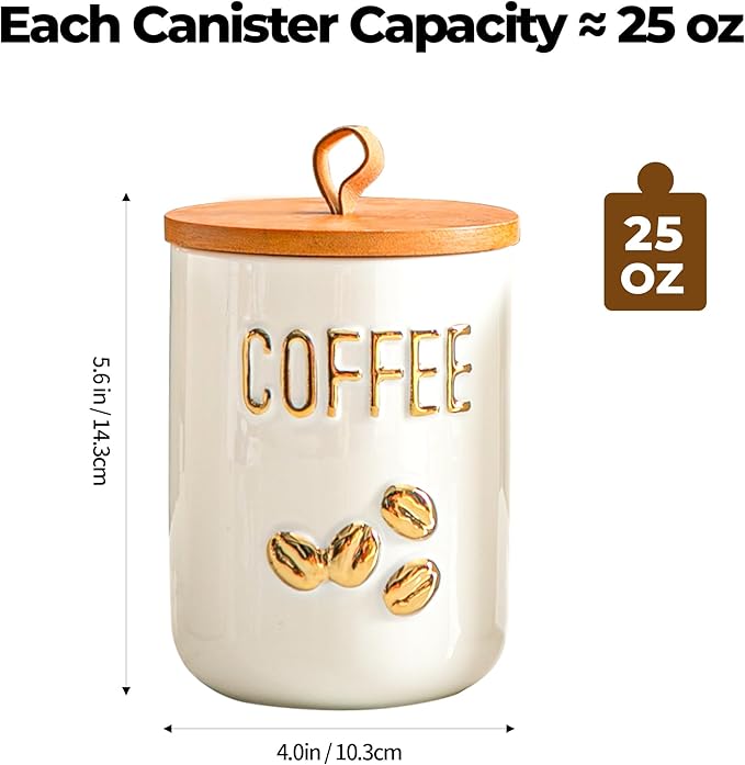 White Ceramic Canister Set for Coffee Tea Sugar, 3-Piece Food Storage Jars with Wood Airtight Lids, Decorative Small Container for Kitchen Pantry Counter - 25oz