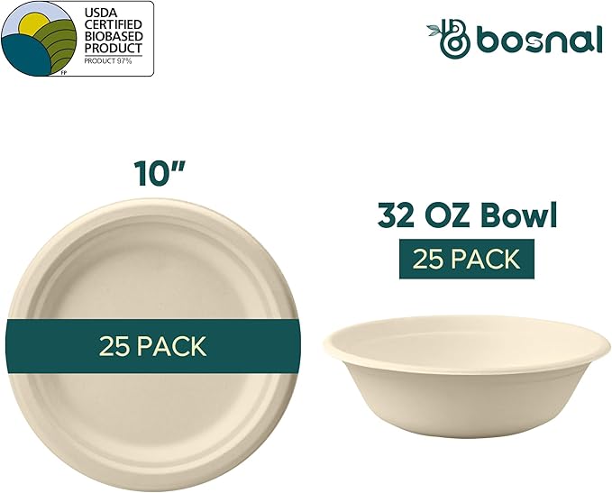 BOSNAL 10 Inch Round Plates with 32 oz Bowls – 25 Plates, 25 Bowls,100% Plant-Based Sugarcane Bagasse, Eco-Friendly Disposable Dinnerware for Hot & Cold Meals, Microwave Safe