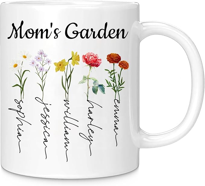 Custom Christmas Coffee Mug Gifts for Mom,11oz Personalized Ceramic Mama Cup with Photo Text & Birth Flower, Customized Birthday Gift for New Moms (Mom-Flowers & Names)