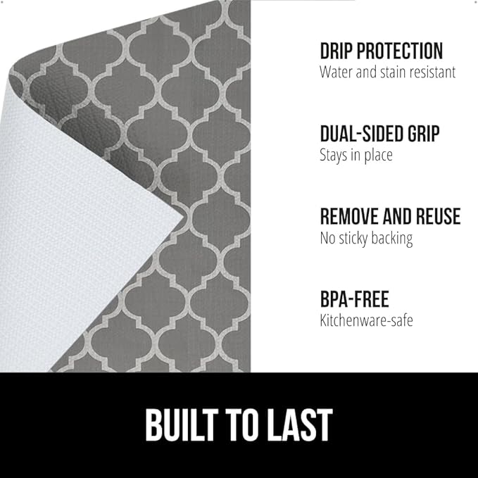 GORILLA GRIP DripGuard Shelf Liner, Non Adhesive Drawer and Kitchen Cabinet Protector, Slip Resistant BPA Free Smooth Surface Plastic Liners for Cabinets, Bathrooms, Closets, 17.5x120 Inch, White Gray