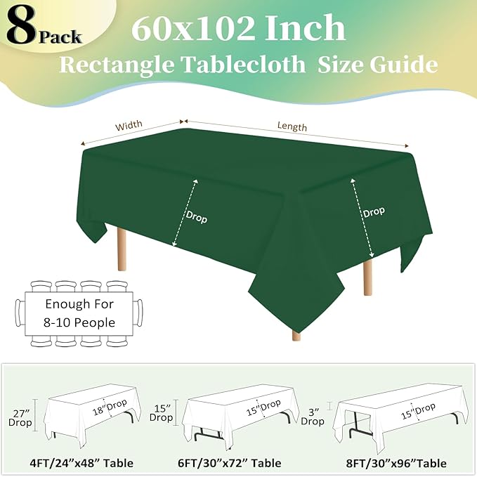 8 Pack Dark Green Tablecloth 60x102 Inch Hunter Green Rectangle Table Cloth for 6 Foot Rectangle Tables, Wrinkle Resistant Washable Fabric Table Cover for Dining Banquet Wedding Party