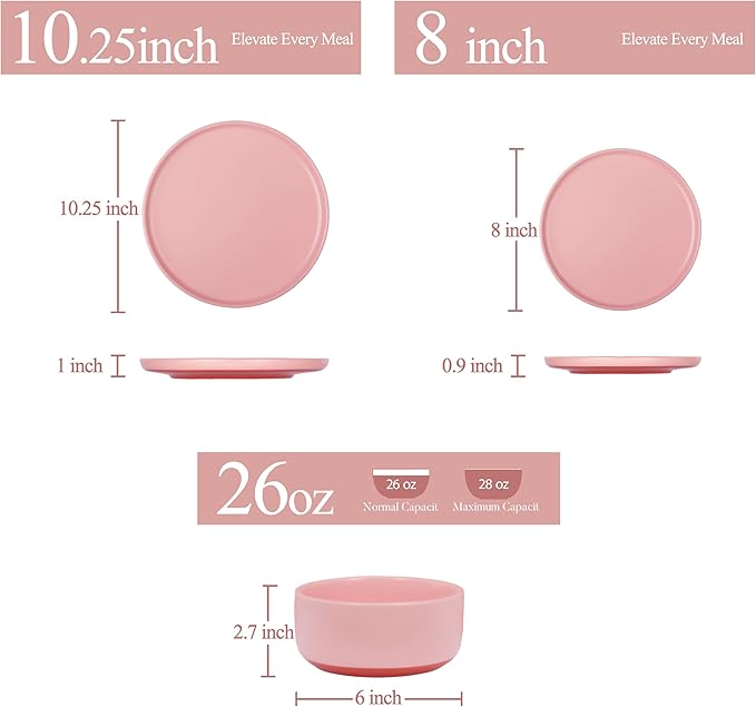 24 Piece Dinnerware Set, Dual Glaze Stoneware Plates and Bowls Sets, Modern Dinner Plate, Salad Plate, Cereal Bowl, Dish Set for 8, Microwave and Dishwasher Safe, Pink