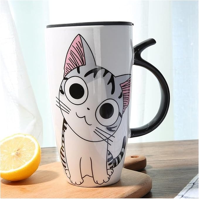Cute Cat Ceramics Coffee Mug with Lid Large Capacity 600ml Animal Mugs Creative Drinkware Coffee Tea Cups Novelty Gifts Milk Cup(D)