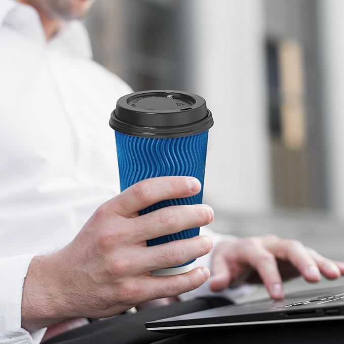 SIUQ 16 oz Coffee Cups-90 Pack Disposable Coffee Cups with Lids and Straws, Insulated Ripple Wall To Go Paper Coffee Cup for Coffee, Hot Chocolate and Hot Tea Drinks - Navy