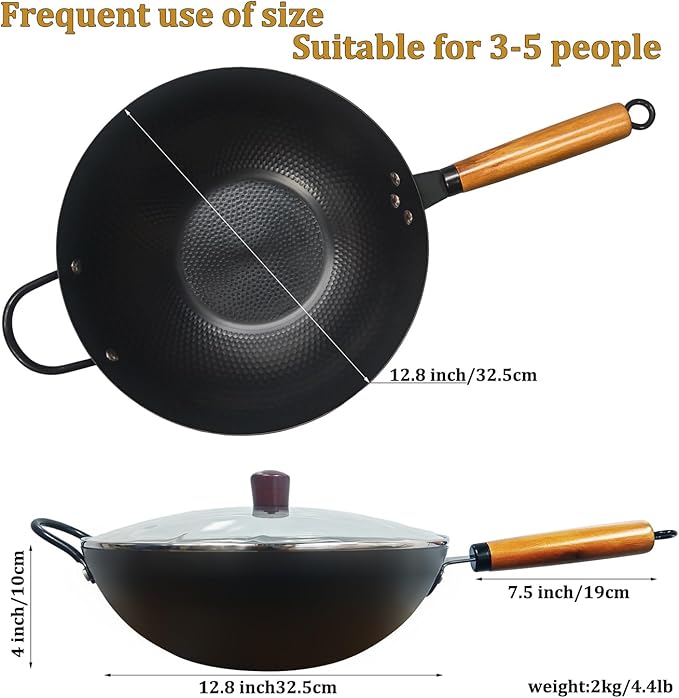 Nonstick Wok,Carbon Steel Wok 12.8-Inch Pan with Glass Lid for Frying,Electric,Induction,Gas Stoves Cooking