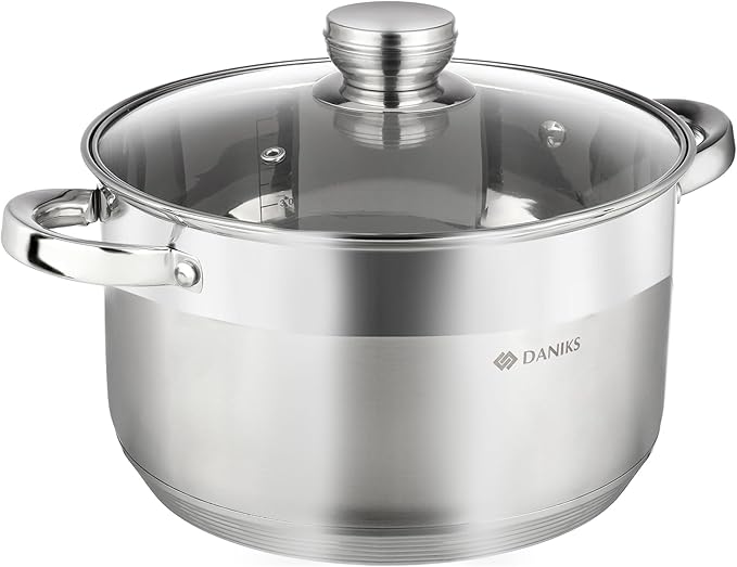 Daniks Standard 7 Quart Stainless Steel Stock Pot with Glass Lid, Try-Ply Bottom for Even Heating, Induction Compatible, Dishwasher Safe, Built-In Measuring Scale, Silver