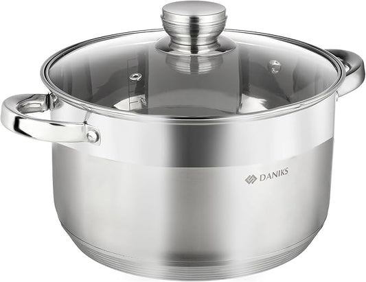 Daniks Standard 7 Quart Stainless Steel Stock Pot with Glass Lid, Try-Ply Bottom for Even Heating, Induction Compatible, Dishwasher Safe, Built-In Measuring Scale, Silver