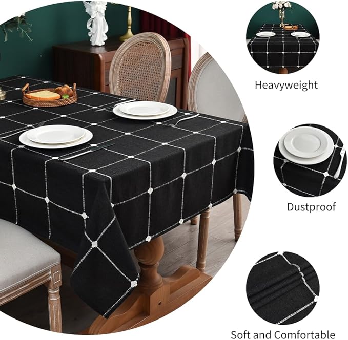 Zobesta Linen Tablecloth Black Table Cloth Rectangle Table 70 x 53 Inch, Heavy Weight Washable Farmhouse Soft Gingham Tablecloth for Party, Holiday, Picnic, Dining, Outdoor