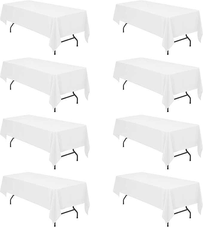 BRILLMAX 8 Pack White Tablecloths 60 x 126 Inch for 8ft Rectangle Tables - 150 GSM Polyester Fabric, 15" Standard Drop, Water, Stain & Wrinkle Resistant Cloth Cover for Wedding Banquet Dining Buffet