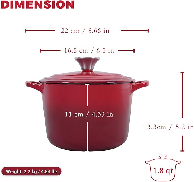 Dutch Oven Pot with Lid 1.8 qt Cast Iron Dutch Oven for Bread Baking Red Enameled Cast Iron Rice Pot with Handels