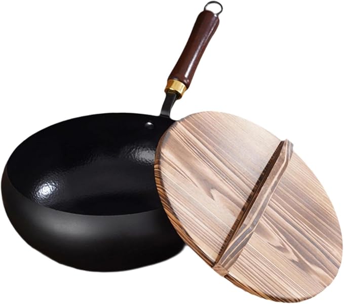 Iron Wok Nonstick Wok with Wooden Lid Soup Pot Skillet Frying Pan for Stir Frying and Stewing Open Flame Cooking Gas Stoves, 26cm