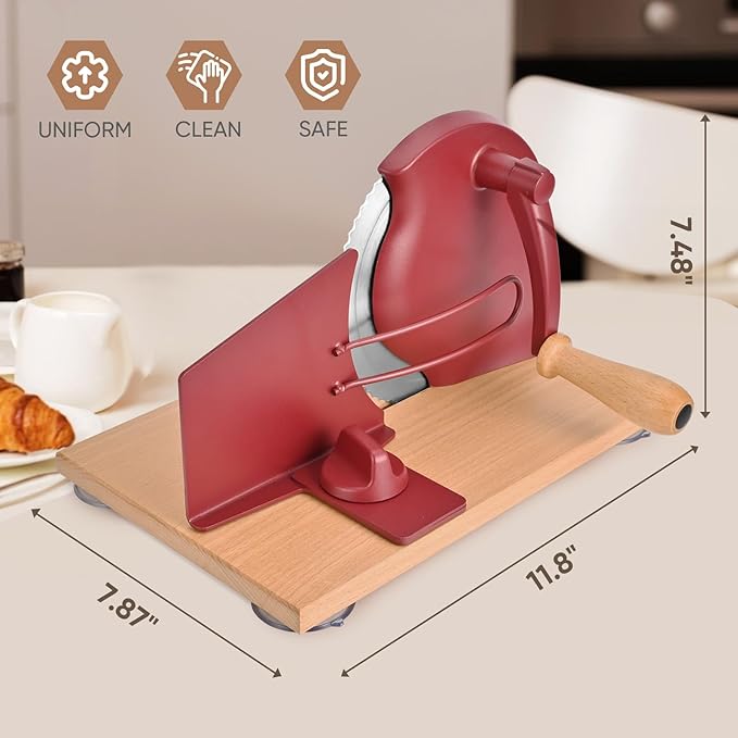 Manual Bread Slicer with Hand Crank, Classic Home Bread Slicer for Homemade Sourdough, Rotary Slicer with Adjustable Thickness, Premium Stainless Steel & Powerful Suction Cups (Red)
