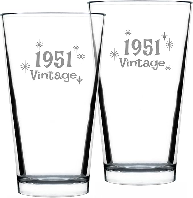 Bevvee Vintage 1951 Pint Glass for Beer - 75th Birthday Gifts for Men or Women Turning 75 - Fun Bday Party Decor - Set of 2-16 oz