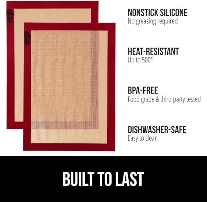 GORILLA GRIP Reusable Nonstick Silicone Baking Mat, 2-Pack, 16.5x11.87, Half Sheet, BPA-Free Oven Safe Food Liner for Cookie Sheets, No Mess Easy Clean Pastry Mats, Holiday Baking Essentials, Red