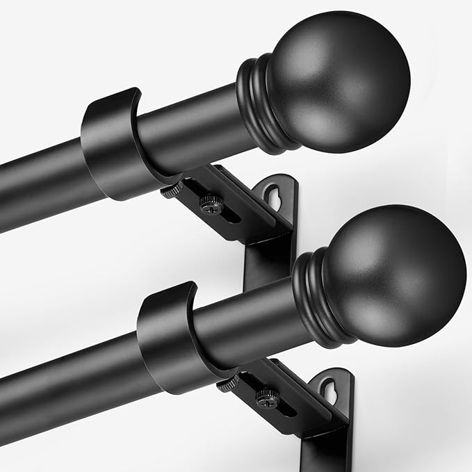 Curtain Rods for Windows 16 to 120 Inches, Curtain Rod Max Adjustable Length of 132 IN, 6/8" Diameter Drapery Rods Round Finials, Black, Pack of 2