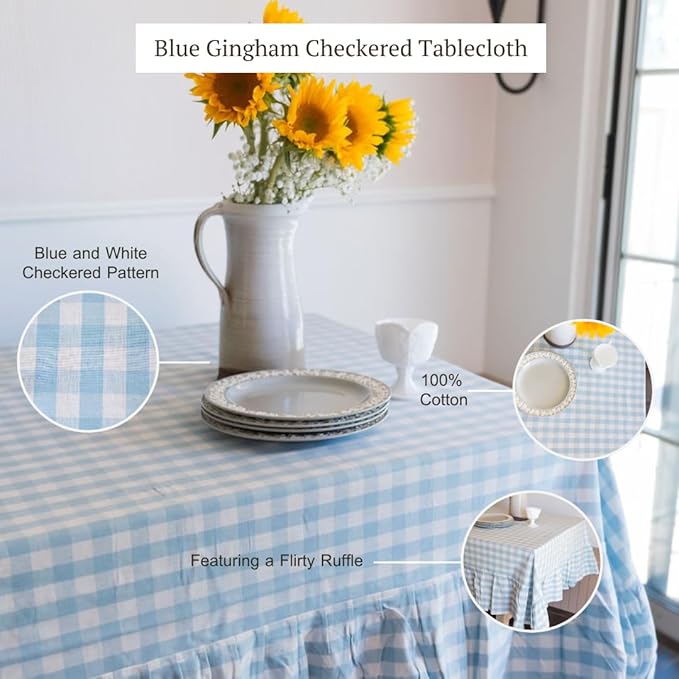 60x90 in Cotton Tablecloth with Ruffled Hem – Rectangular Farmhouse Dining Table Cover for Kitchen, Weddings, Parties, Indoor or Outdoor Picnic and Everyday Decor – Blue Checkered