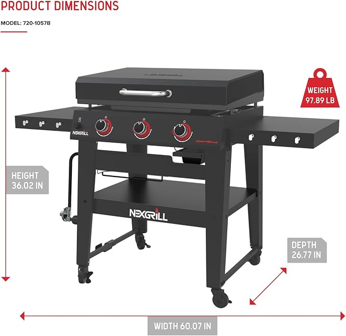 Nexgrill Daytona 3-Burner Propane Gas Griddle with Side Tables, 45000 BTUs Flat Top Grill, 630 SQ. in. Hot Rolled Steel Cooking Space, Outdoor Cooking Barbeque, Black - 720-1057B