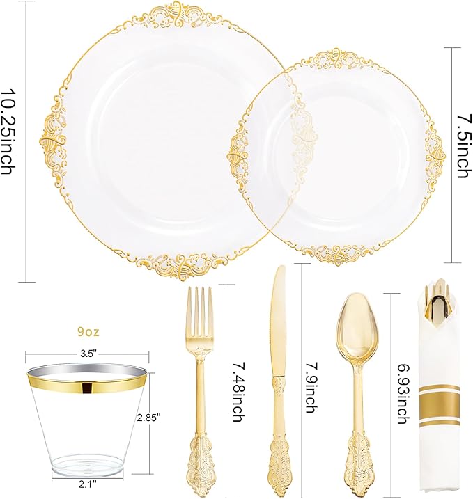 Nervure 175PCS Clear Gold Plastic Plates - Disposable Gold Party Plates & Pre Rolled Napkins with Cutlery for 25 Guests, 50Plates, 75Silverware, 25Cups, 25Napkin for Wedding & Party
