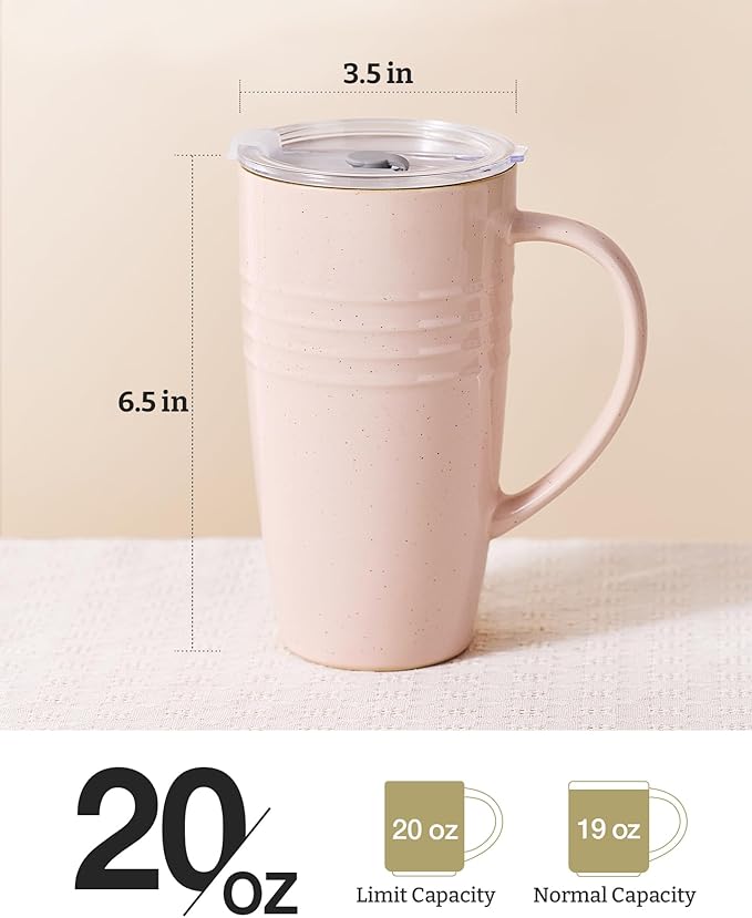 famiware Jupiter Large Coffee Mug, 20oz Coffee Mug with Lid, Ceramic Mugs Set of 2, Cup Set with Handle for Latte, Tea, Cocoa, Milk, Home & Office, Microwave and Dishwasher Safe, Light Pink