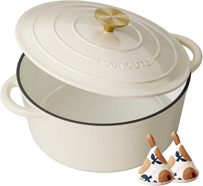Enameled Cast Iron Dutch Oven - 4.5QT Pot with Lid & Cotton Potholders - Heavy-Duty Cookware for Braising, Stews, Roasting, Bread Baking, Oven Safe up to 500° F & Across All Cooktops, Cream White
