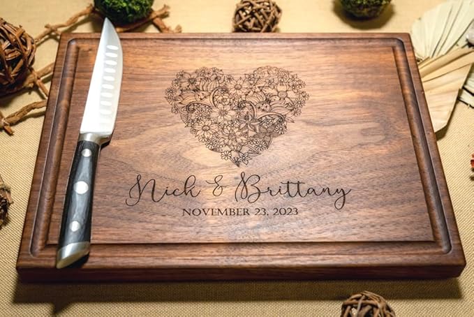 Personalized Cutting Board - Bridal Shower, Newlyweds, Engagement, Anniversary, Housewarming Gifts for Couples - Family Christmas Charcuterie Board (Floral Heart 004)