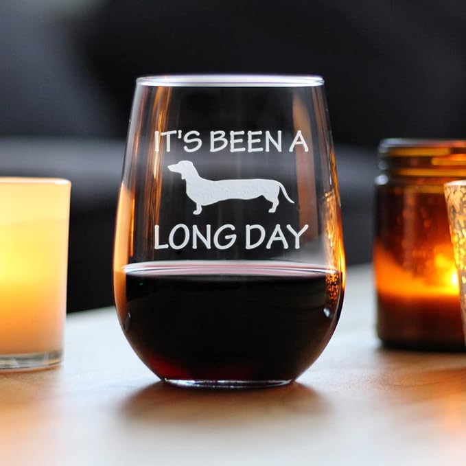 Bevvee It's Been A Long Day – Stemless Wine Glass - Funny Dachshund Gifts and Decor - Large 17 Ounce