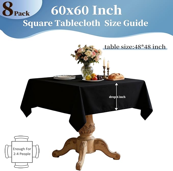 8 Pack Black Square Tablecloth 60x60 Inch Table Cloth for Square Tables, Wrinkle Resistant Washable Polyester Fabric for Dining Banquet Wedding Party