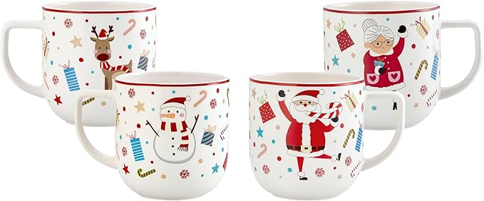 Bico Christmas Merry Crew Ceramic Mug Set of 4, Christmas Coffee Mugs, 19oz Holiday Cups for Tea, Cocoa, or Hot Drinks, Microwave & Dishwasher Safe