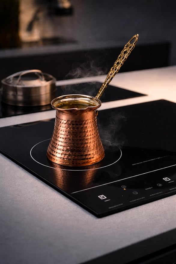 MEYA Handcrafted Copper Turkish Coffee Pot 260 ml | Stove Top Cezve for Coffee, Milk, Butter & Chocolate | Fast Even Heating | Wooden Measuring & Stirring Spoons Included (Medium)