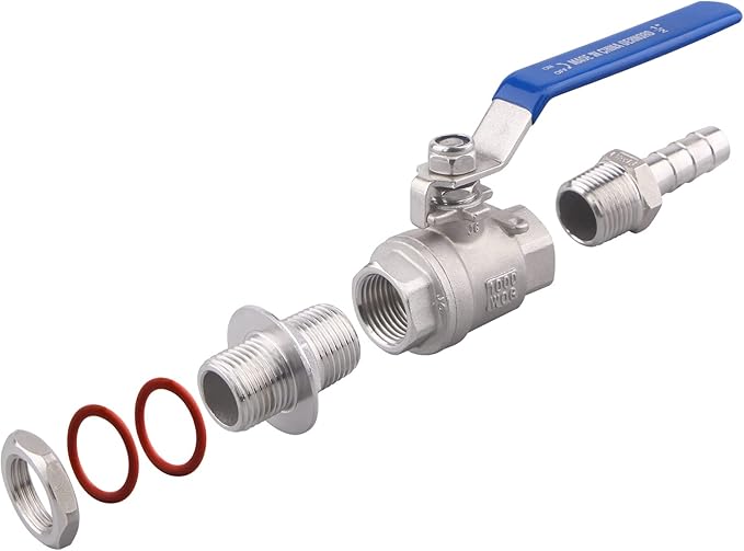DERNORD 1/2 Inch Weldless Ball Valve Stainless Steel 304 Bulkhead For Home Brew Kettle (1/2 NPT to 3/8 Barb Hose)