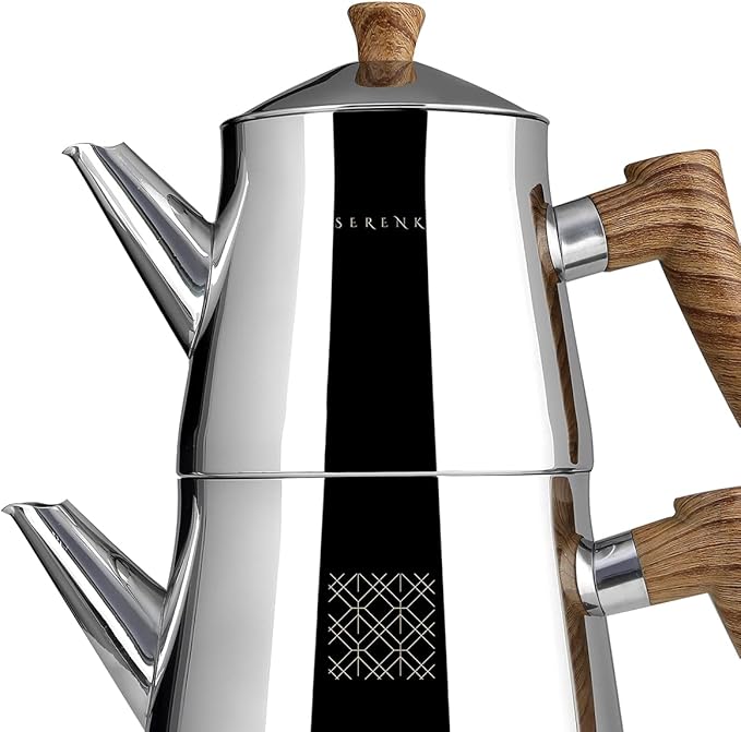 Serenk Definition Stainless Steel Teapot Set, 1L Teapot & 2L Lower Pot, Double-Stacked Design, Induction Compatible, Mirror Polished Finish, Tea Kettle for Home