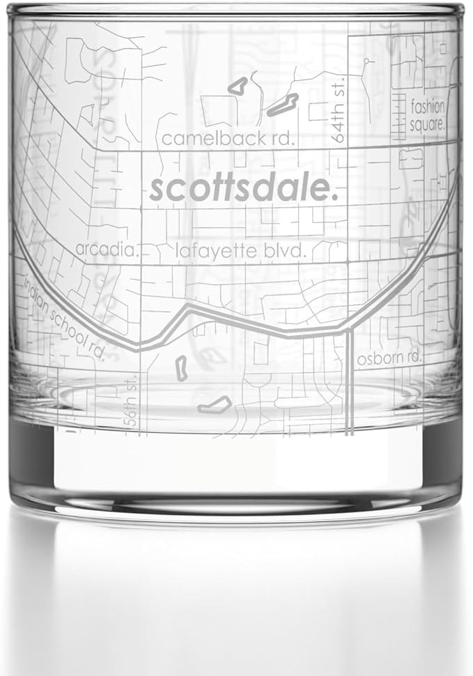Well Told Engraved Scottsdale Arizona Map Rocks Glass, Old Fashioned Glassware (11 oz, Clear) Etched Bourbon Tumbler, Gifts For Whiskey Lovers