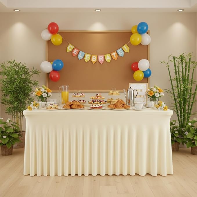 6 Pack Ivory Rectangle Tablecloth with Elastic Table Skirt – 6FT Fitted Spandex Table Cover, 72 Inch Wrinkle-Resistant & Stretchable for Wedding, Banquet, Party, Buffet, Restaurant
