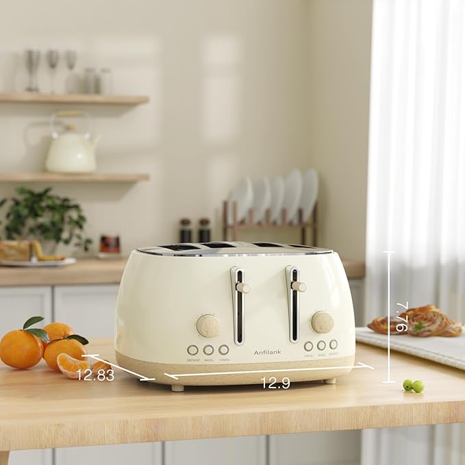 Toaster 4 Slice,Retro Stainless Steel Toaster with Extra Wide Slots Cancel, Bagel, Defrost Function, Dual Independent Control Panel, Removable Crumb Tray and High Lift Lever (Beige)