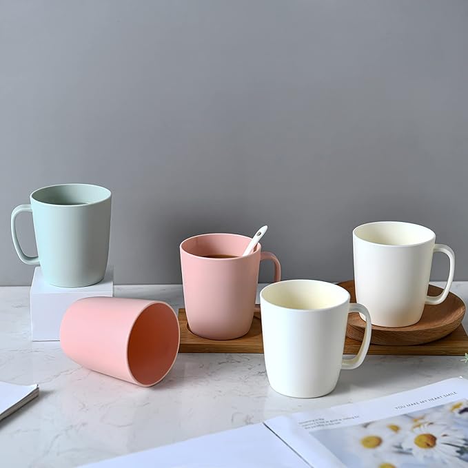 Coffee Mugs Set of 5, 10 Ounce Unbreakable Plastic Cups With Handle, 3 Basic Colors, Dishwasher Safe