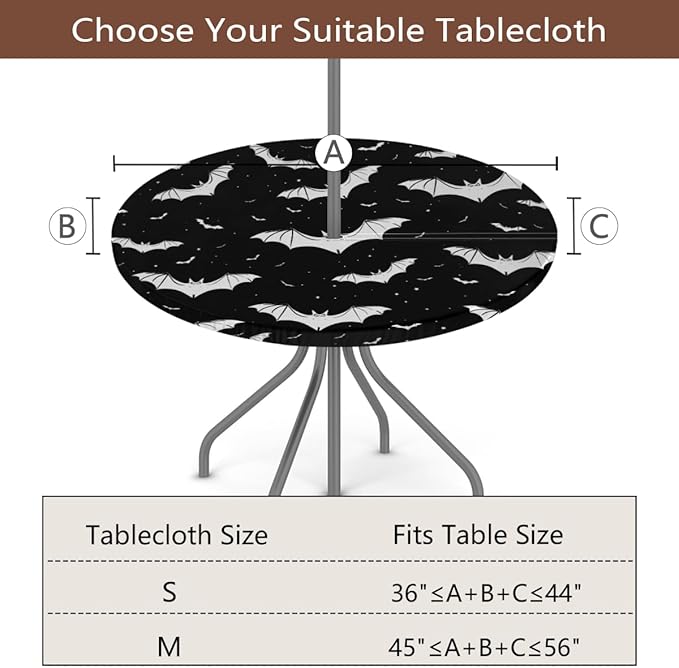 Outdoor Fitted Round Table Cloth With Umbrella Hole, Halloween Bats Circle Elastic Tablecloth 36"-44" Waterproof Zipper Patio Table Cover for Picnic Camping Party Halloween Decoration