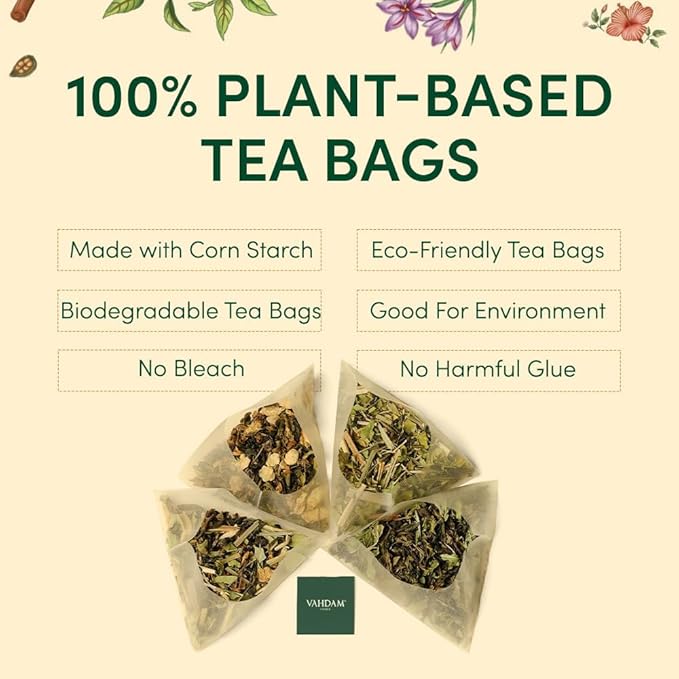 VAHDAM, Assorted Herbal Tea Variety Pack (6 Variants, 36 Tea Bags) Caffeine Free, Gluten Free, Non GMO | Eco Friendly Long Leaf Pyramid Tea Bags I Tea Gift Set for Men and Women