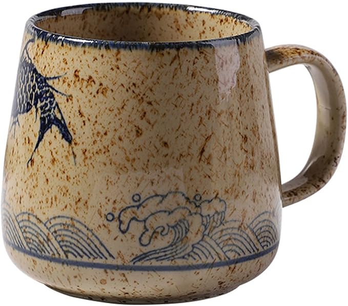 Vintage Coffee Mug Japanese Retro Style Ceramic Cups, 380ml Kiln Change Clay Breakfast Cup Creative Gift for Friends(Style A)