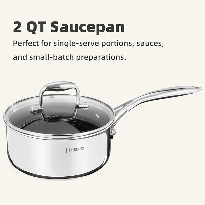 DELUXE Hybrid Ceramic Nonstick 2-Quart Saucepan with Tempered Glass Lid, Stainless Steel Pot with Stay-Cool Handle, Dishwasher Oven Safe, Induction Ready, PFOA Free Compatible with All Cooktops