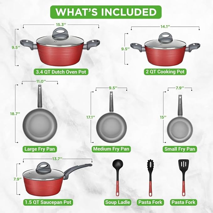 NutriChef Professional 12-Piece Red Nonstick Cookware Set - PFOA/PFOS-Free, Heat Resistant Lacquer, Elegant Design, Multi-Sized Pots and Pans