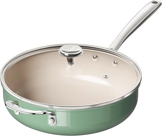 Redchef Ceramic Saute Pan with Lid, Nonstick Deep Frying Pan, 5QT Jumbo Cooker with Helper Handle & Lid, Non Toxic Ceramic Cooking Pan, Chef Pan, Dishwasher & Oven Safe, PFAS PFOA & PTFE Free（Green）