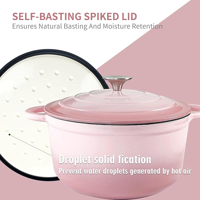 3 Quart Cast Iron Dutch Oven Pot with Lid, Dual Handles Enameled Soup Pot, Heavy Duty and Oven Safe for Bread Baking, Braising, Cooking and Family Gifts, Pink