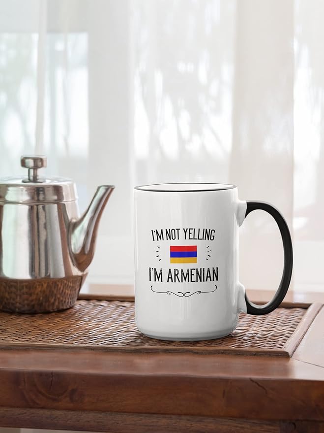 Funny Armenian Gifts. I'm Not Yelling I'm Armenian Coffee Cups. Ceramic Mug. Armenia Proud Gift Idea Featuring The Armenian Flag. (15 oz Black Handle/Rim)