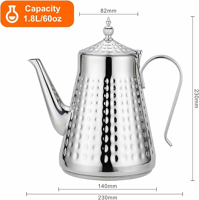 SANQIAHOME 1.8L(60oz) Stainless Steel Hammer Patterned Teapot With Removeable Infuser,Loose leaf cover,Silver